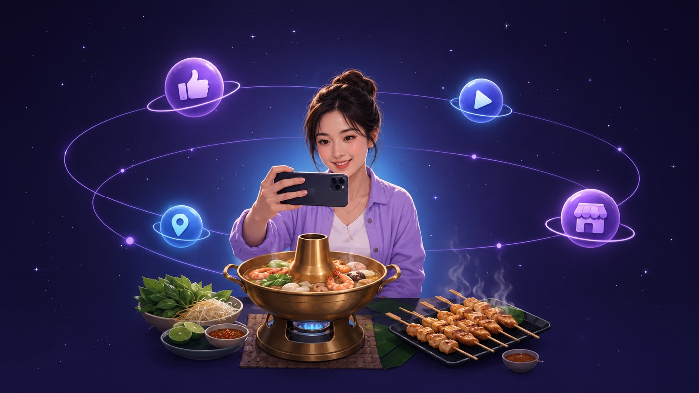 Illustration of a food creator photographing a Thai hotpot and satay, with social icons orbiting around her
