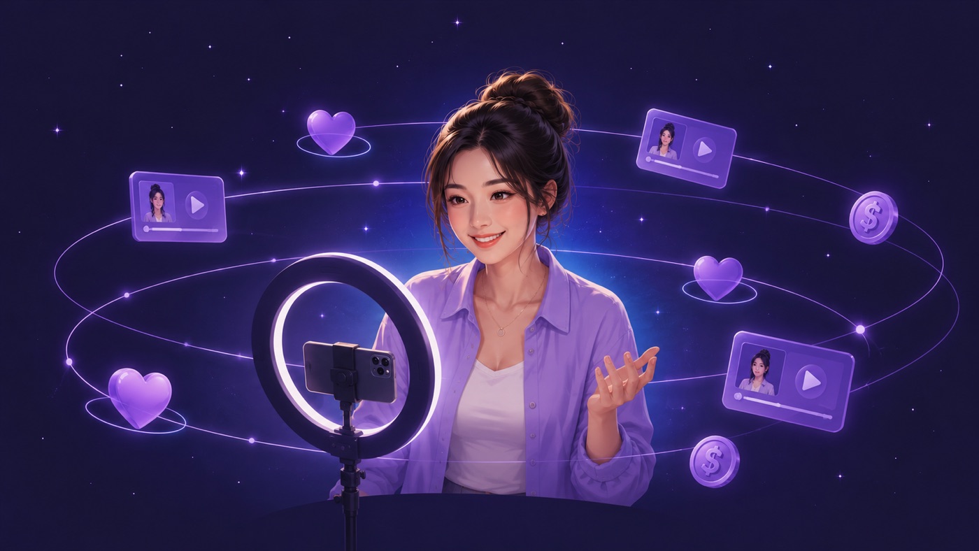 Illustration of a creator filming with a ring light, surrounded by orbiting hearts, videos and coins